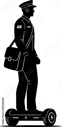 Mail carrier silhouette riding an electric hoverboard for delivery services