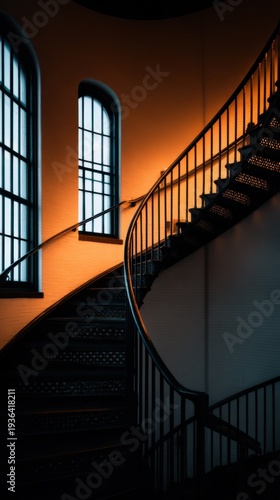 A spiral staircase with curved railing and illuminated walls, reflecting contrasting light