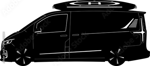 Modern delivery van equipped with a rooftop drone landing platform