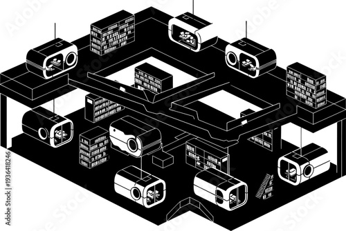 Modular capsule hotel interior with futuristic sleeping pods silhouette