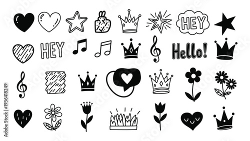 A collection of various black icons on a white background