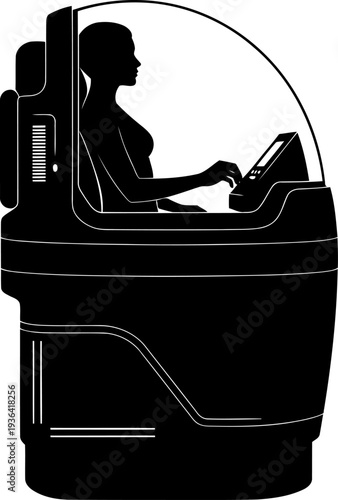 Operator sitting in a futuristic flight simulator or pilot cockpit