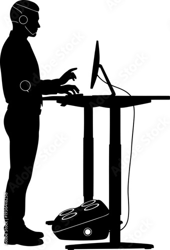 Office worker silhouette using a standing desk with an ergonomic foot rest