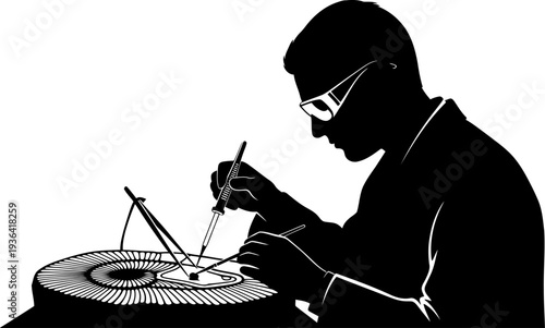 Paleontologist cleaning fossilized ammonite shell with precision tools