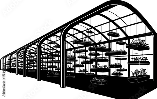Modern industrial greenhouse with tiered hydroponic systems