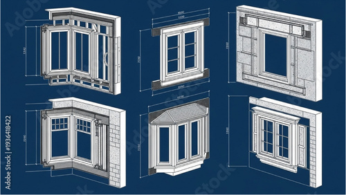 Architectural Window Designs Collection Multiple 3D Cut Clean Blueprint Technical Drawings