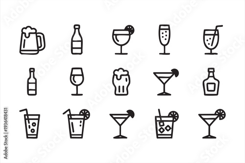 Beer Wine Cocktail And Alcohol Drink Line Icon Collection