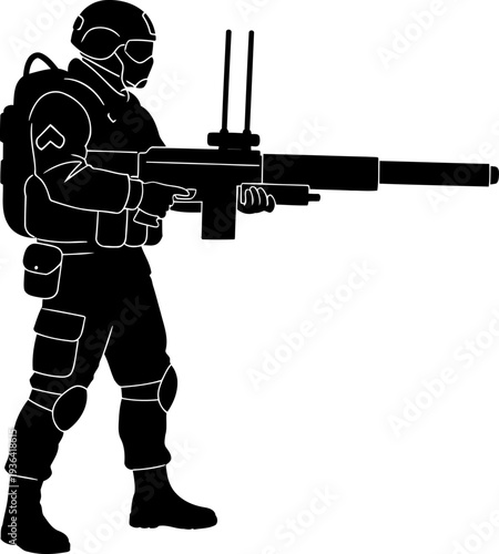 Security specialist aiming a tactical anti-drone electronic jammer