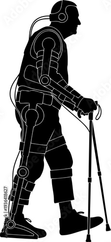 Senior man walking with a robotic exoskeleton and crutches