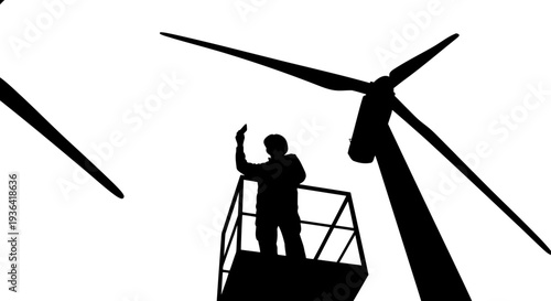 Service technician inspecting wind turbine blades from aerial platform
