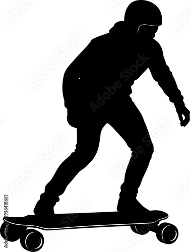 Skateboarder riding electric longboard with safety helmet