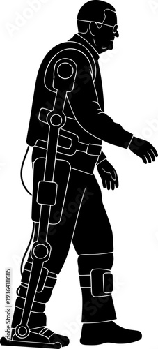 Senior man walking with help of robotic exoskeleton