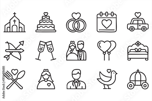 Minimal Wedding Ceremony And Marriage Celebration Outline Icon Set