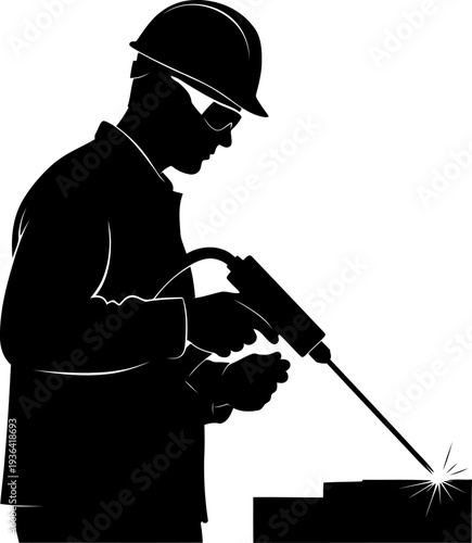 Skilled welder in protective gear using manual torch silhouette