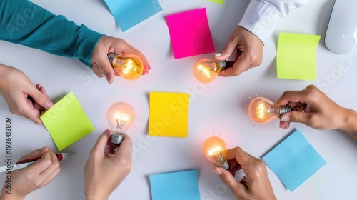 Creative Brainstorming Session with Light Bulbs and Colorful Sticky Notes for Innovative Ideas