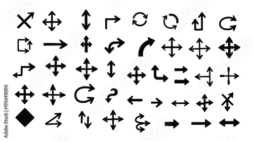 A collection of various black arrows and symbols on a white background