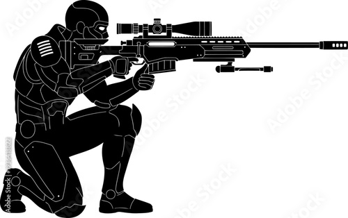 Tactical sniper kneeling in position with a high precision rifle