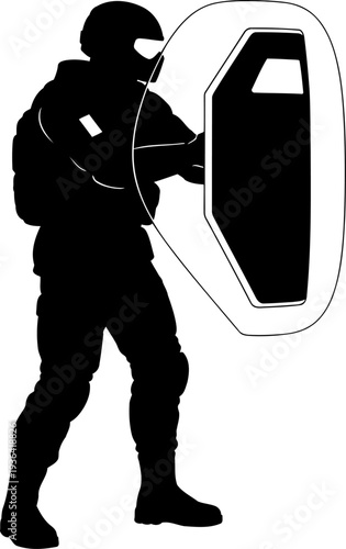 Tactical officer holding a transparent riot shield for protection and defense