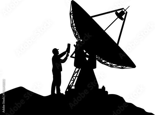 Technician adjusting large parabolic satellite dish antenna silhouette