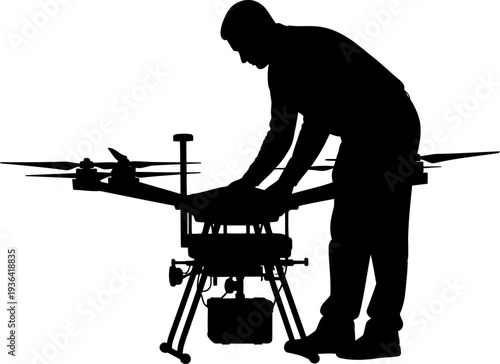 Technician performing maintenance on large multi-rotor drone