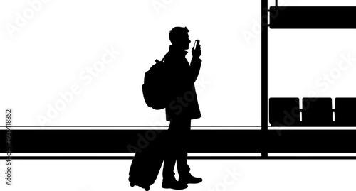Traveler with backpack and suitcase checking phone at station