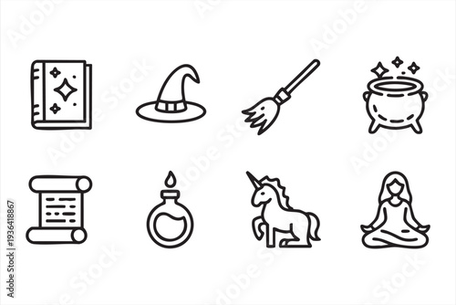Wizard Spellbook Potion And Cauldron Line Icon Collection
