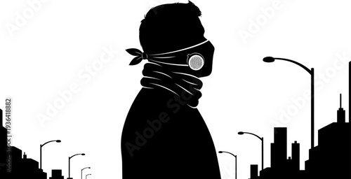 Urban resident wearing protective respirator mask against city smog