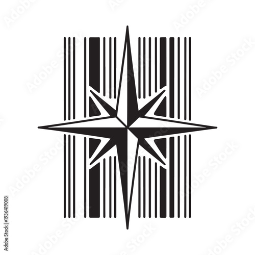 A striking black and white compass rose design with vertical line details
