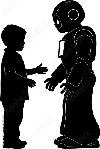 Young boy meeting humanoid robot for social interaction
