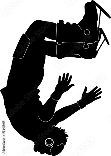 Acrobatic athlete performing a mid-air backflip with futuristic jumping boots