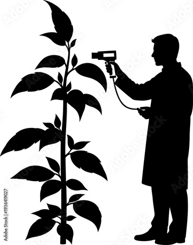 Agricultural scientist measuring plant growth with handheld sensor