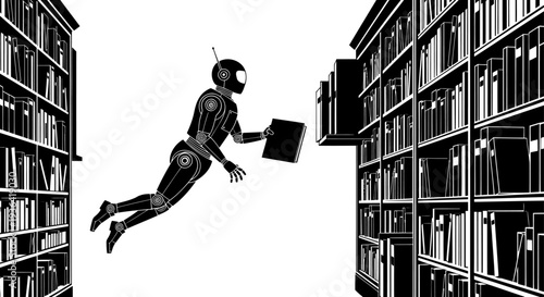Android robot flying through a library to organize books on shelves