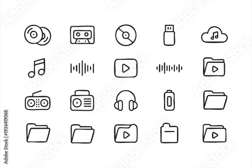 Multimedia Audio Playback And Sound Wave Outline Icons