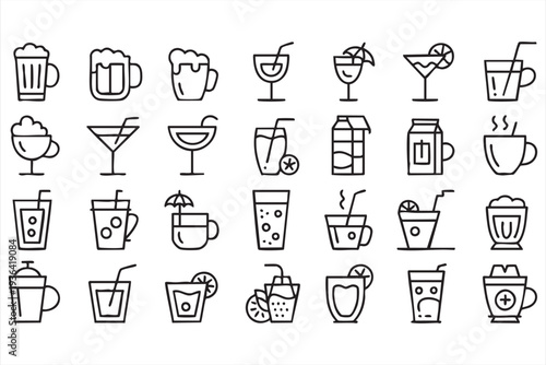 Restaurant Beverage Menu And Drinkware Outline Icons