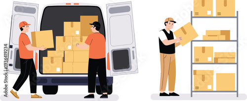 Warehouse workers loading delivery van and organizing cardboard boxes on storage shelves logistics shipping and distribution service flat illustration concept