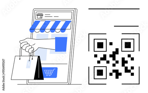 E-commerce, digital payments, QR code technology, mobile apps, online shopping, store transactions. Hand holding shopping bag near smartphone storefront and QR code. E-commerce and QR code