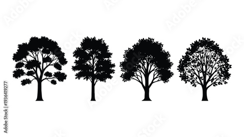 Four black tree silhouettes on a white background
