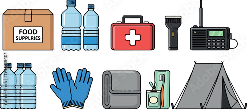 Emergency supplies and equipment for camping and survival in a wilderness setting displayed from a top view