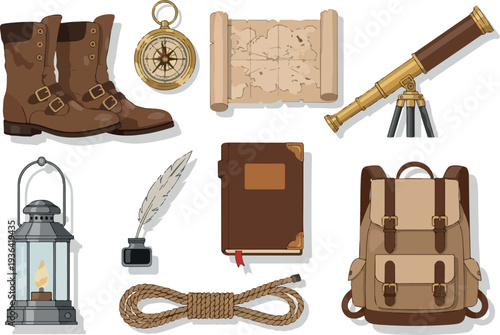 Assorted adventure gear including boots, compass, map, telescope, journal, backpack, lantern, quill, and rope laid out on a clean surface