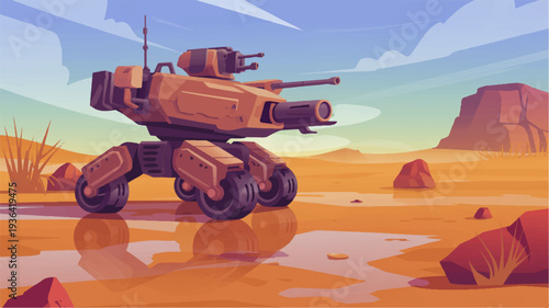 Futuristic robot tank standing in desert landscape with sandy terrain rocks and reflective water puddles under blue sky