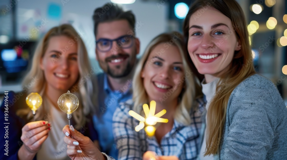 Obraz premium Group of Friends Holding Light Bulbs and Smiling in a Cozy Room with Decorative Lights and Warm Atmosphere