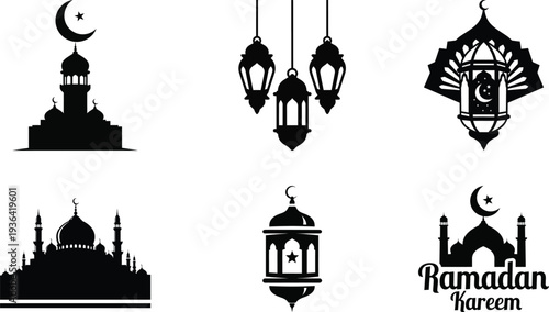 Ramadan mubarak black and white vector graphics islamic symbols and decorations