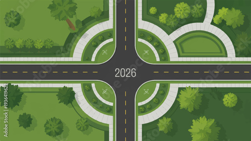 Futuristic road intersection with green landscape and 2026 signage transportation concept