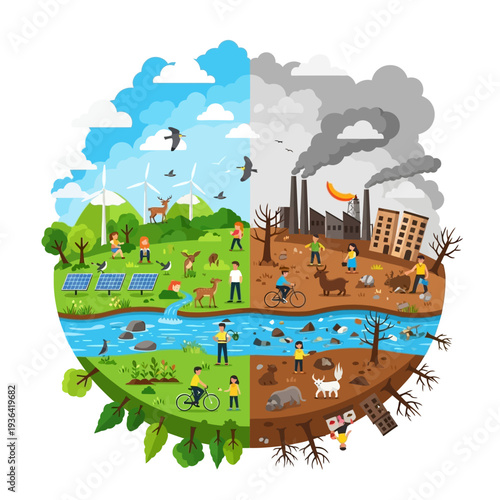 Planet Earth divided: clean environment vs. pollution, nature vs. industry, hope vs. despair