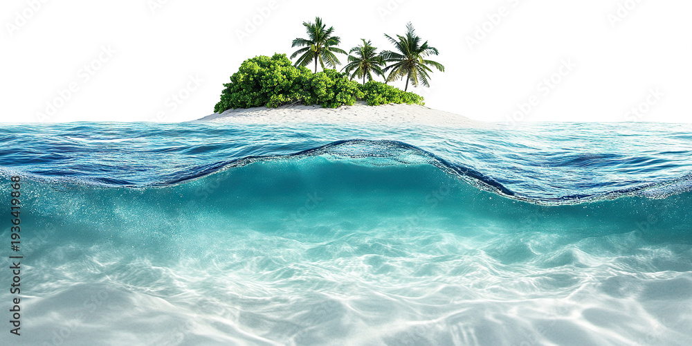 Fototapeta premium Paradise beach island with clear water and lush greenery, isolated on transparent cutout background