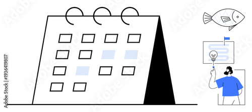 Event planning, productivity, brainstorming, scheduling, creativity, business management, time organization. A calendar with highlighted dates a person holding an idea symbol fish icon. Event