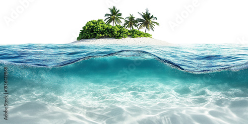 Paradise beach island with clear water and lush greenery, isolated on transparent cutout background