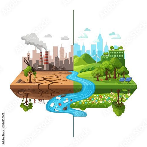 Pollution vs Nature: Industrial city vs Green city, environmental contrast