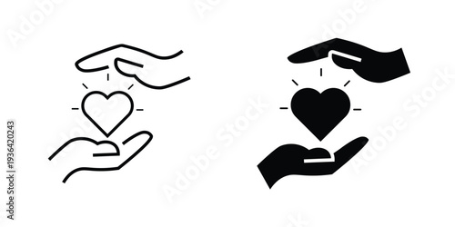 Charity care and support icon set. Helping hands holding heart symbols for donation and compassion. Outline and solid vector icons.