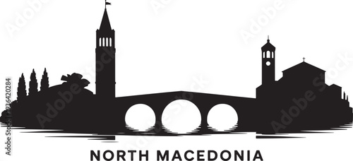 Black silhouette of North Macedonia capital city Skopje bridge and architecture panorama